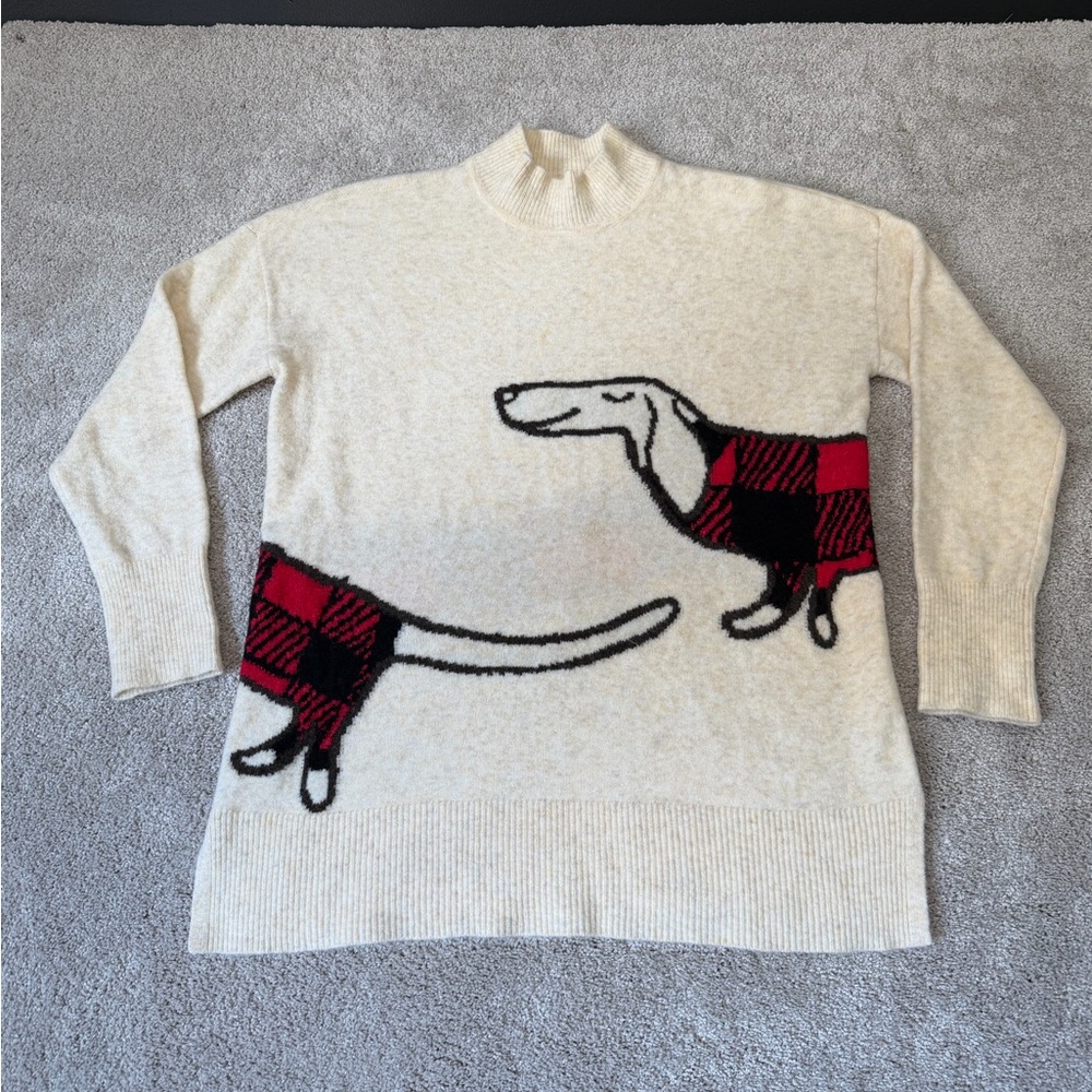 Loft Women’s Size Medium Comfort Cozy Cream Dachshund Wrap Around‎ Sweater